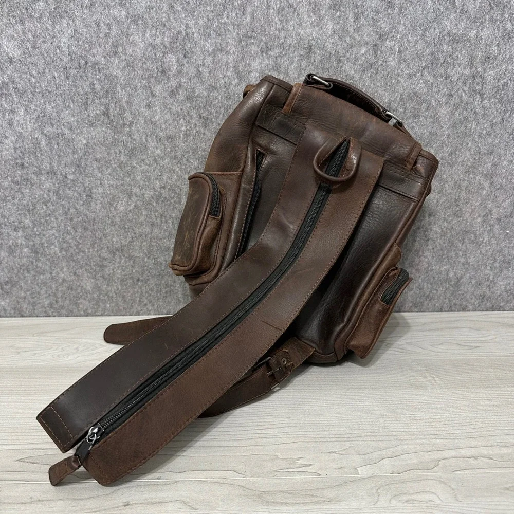 Vintage Tranco Backpack Women Small Brown Leather Multi Pocket Rucksack Bag‎